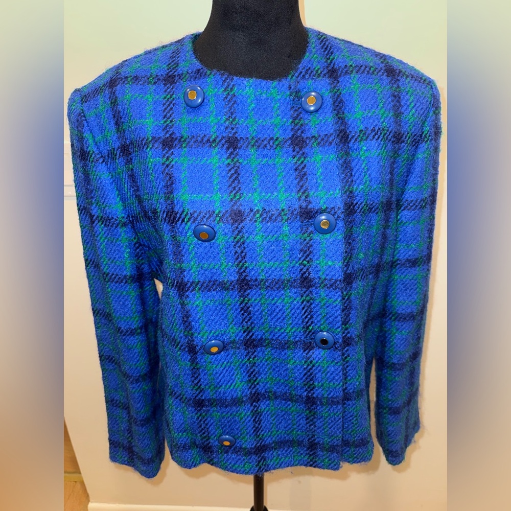 Royal Blue & Green Plaid Double-Breasted Blazer